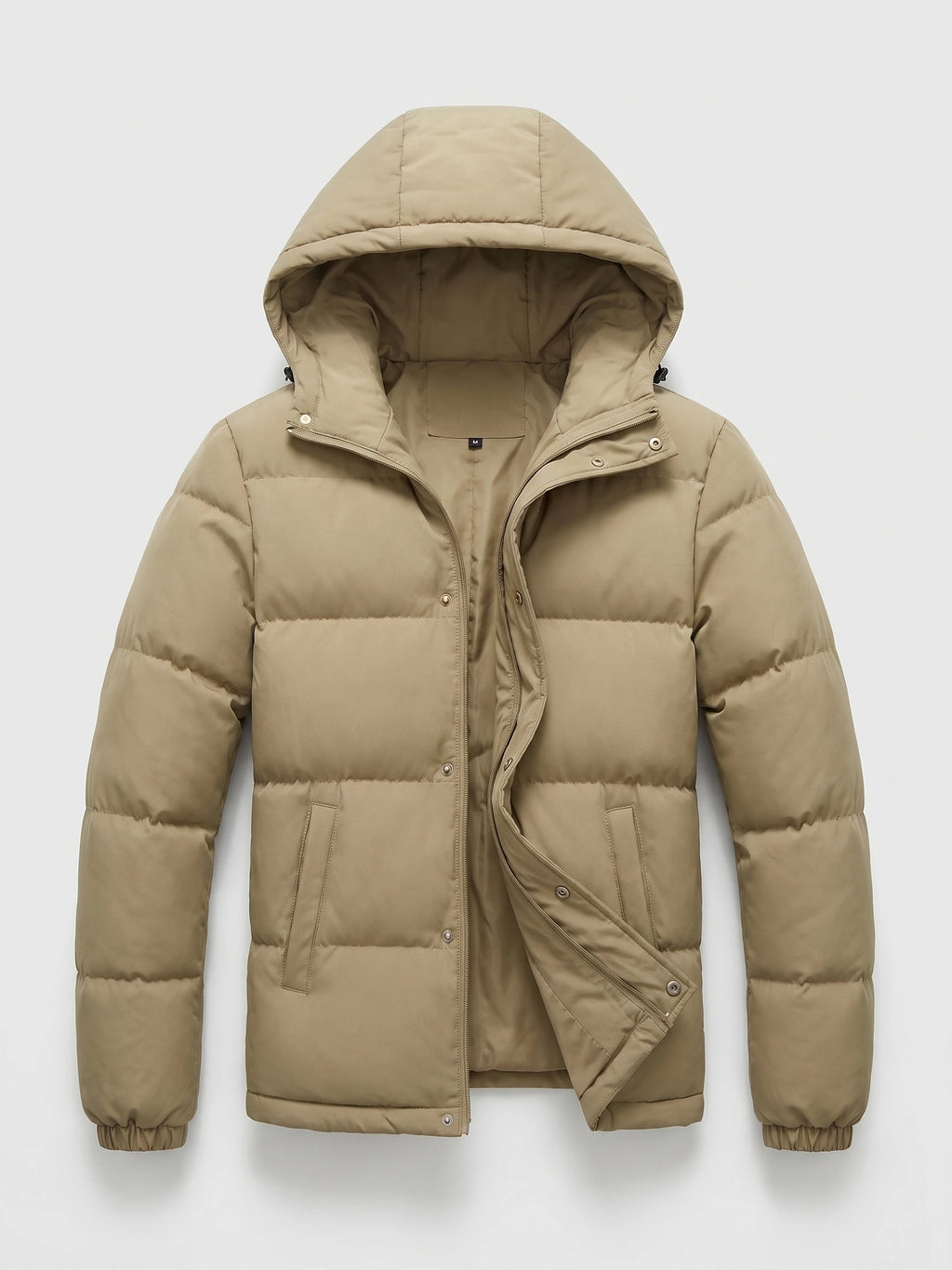 Khaki hooded puffer jacket laid flat with a partially open zip-and-snap front, quilted panels, and angled front pockets.