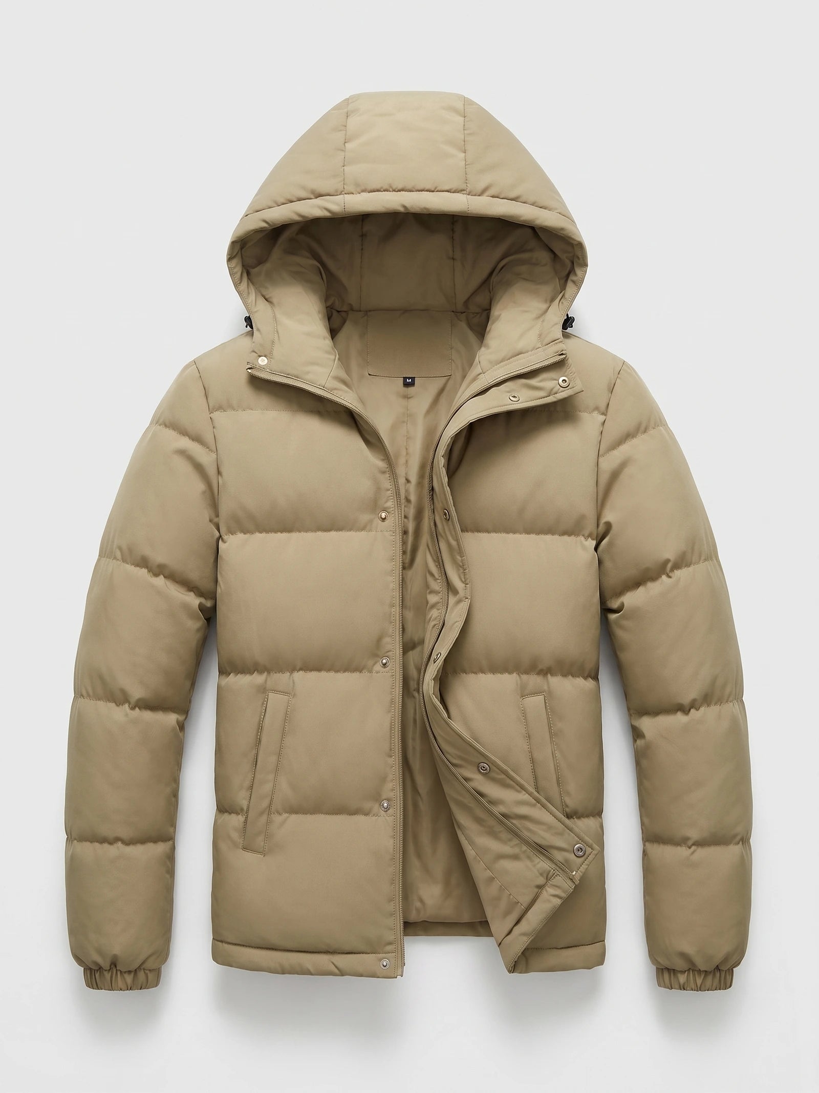 Khaki hooded puffer jacket laid flat with a partially open zip-and-snap front, quilted panels, and angled front pockets.
