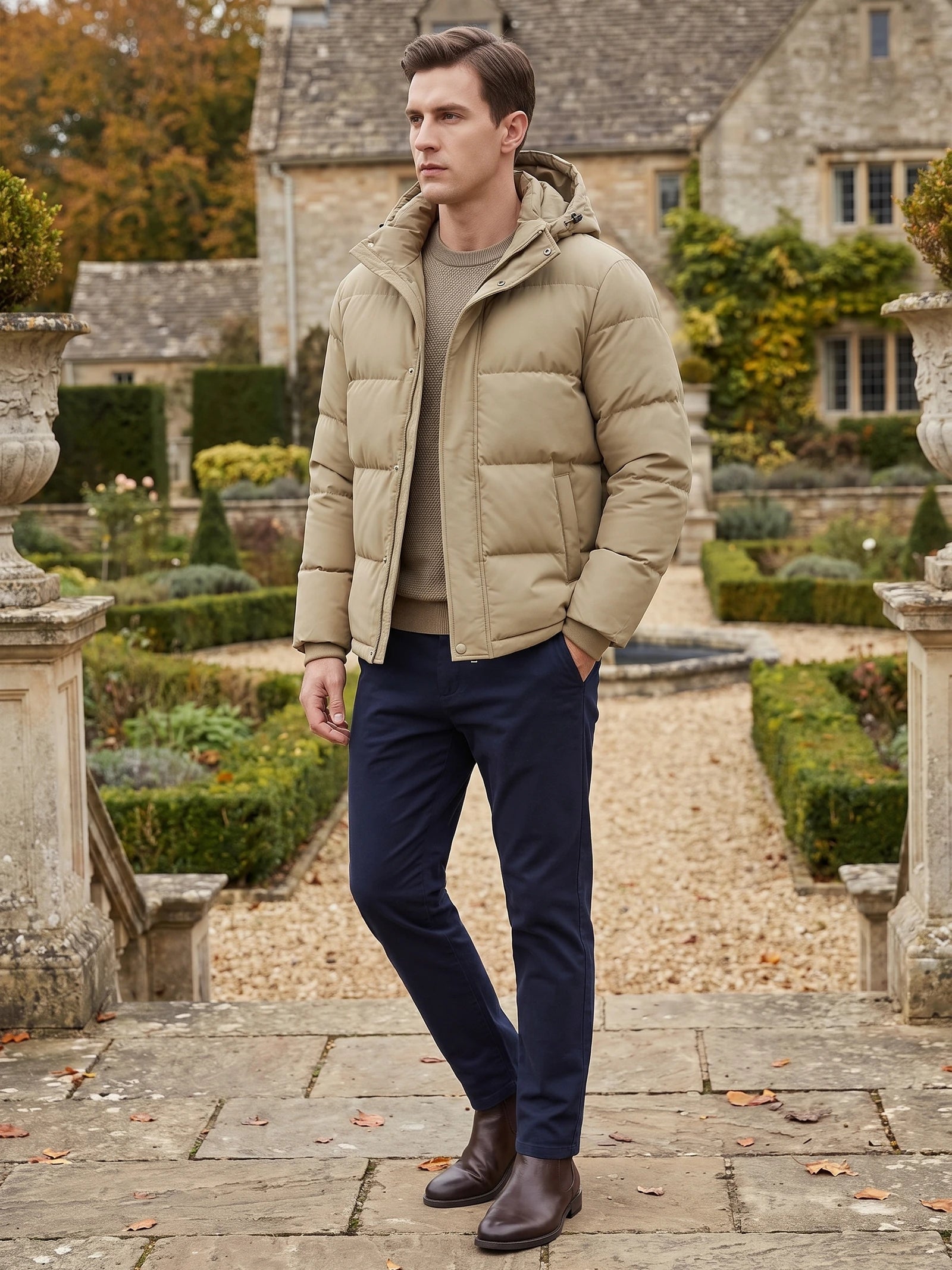 Man wearing a Khaki hooded puffer jacket on a garden path outside a stone house.