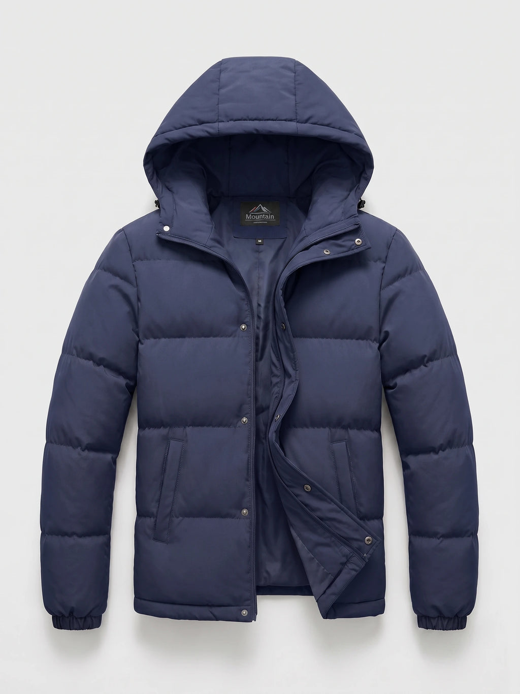 Navy hooded puffer jacket laid flat, showing the front zip and snap closure, quilted panels, and angled pockets.