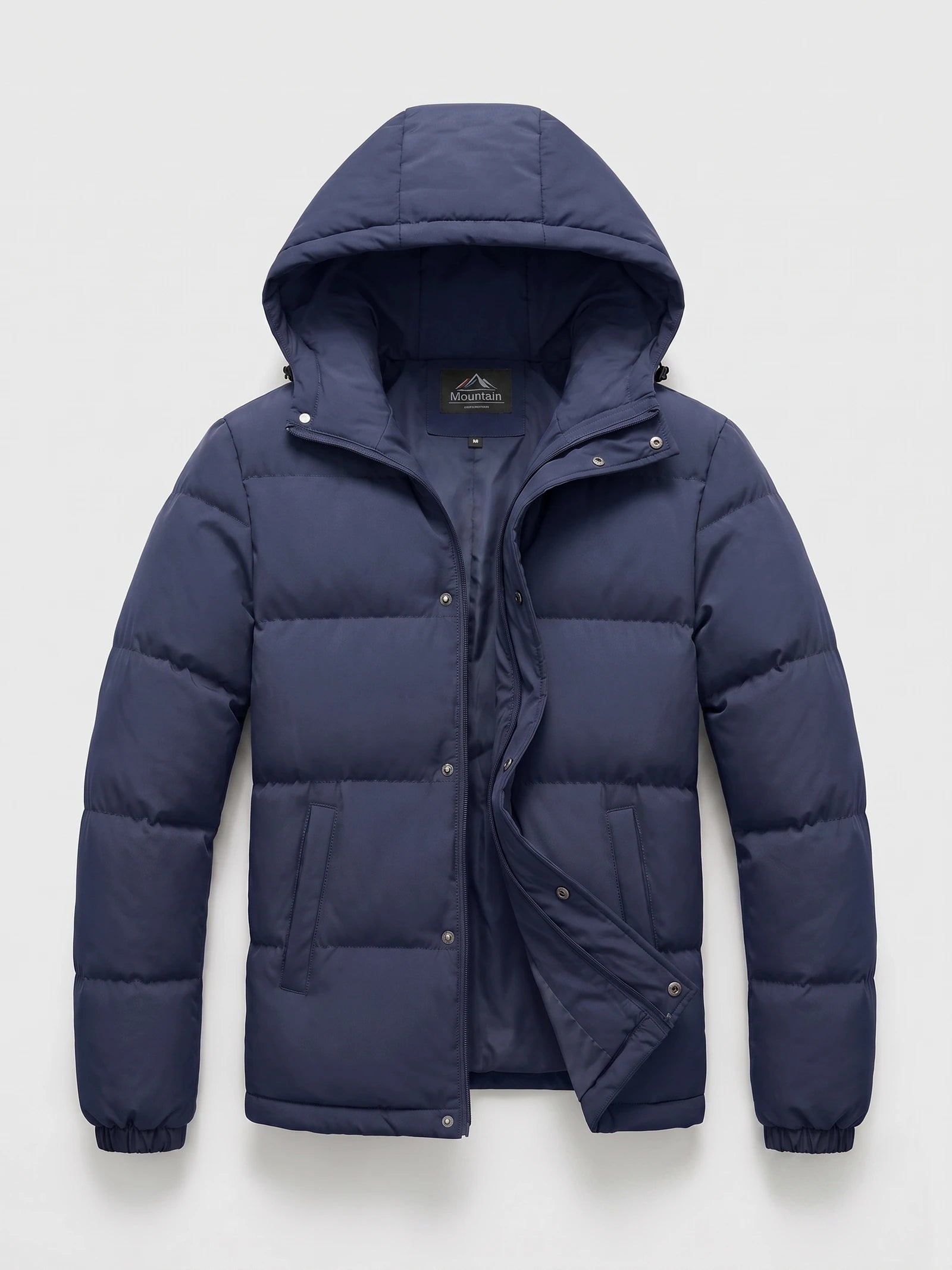 Navy hooded puffer jacket laid flat, showing the front zip and snap closure, quilted panels, and angled pockets.
