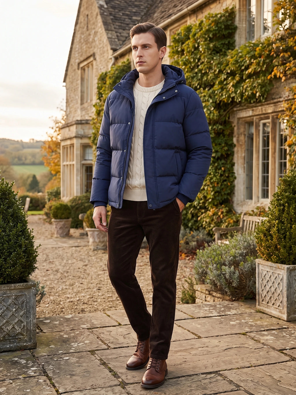 Model wearing a Navy hooded puffer jacket while walking along a garden path beside a stone country house.