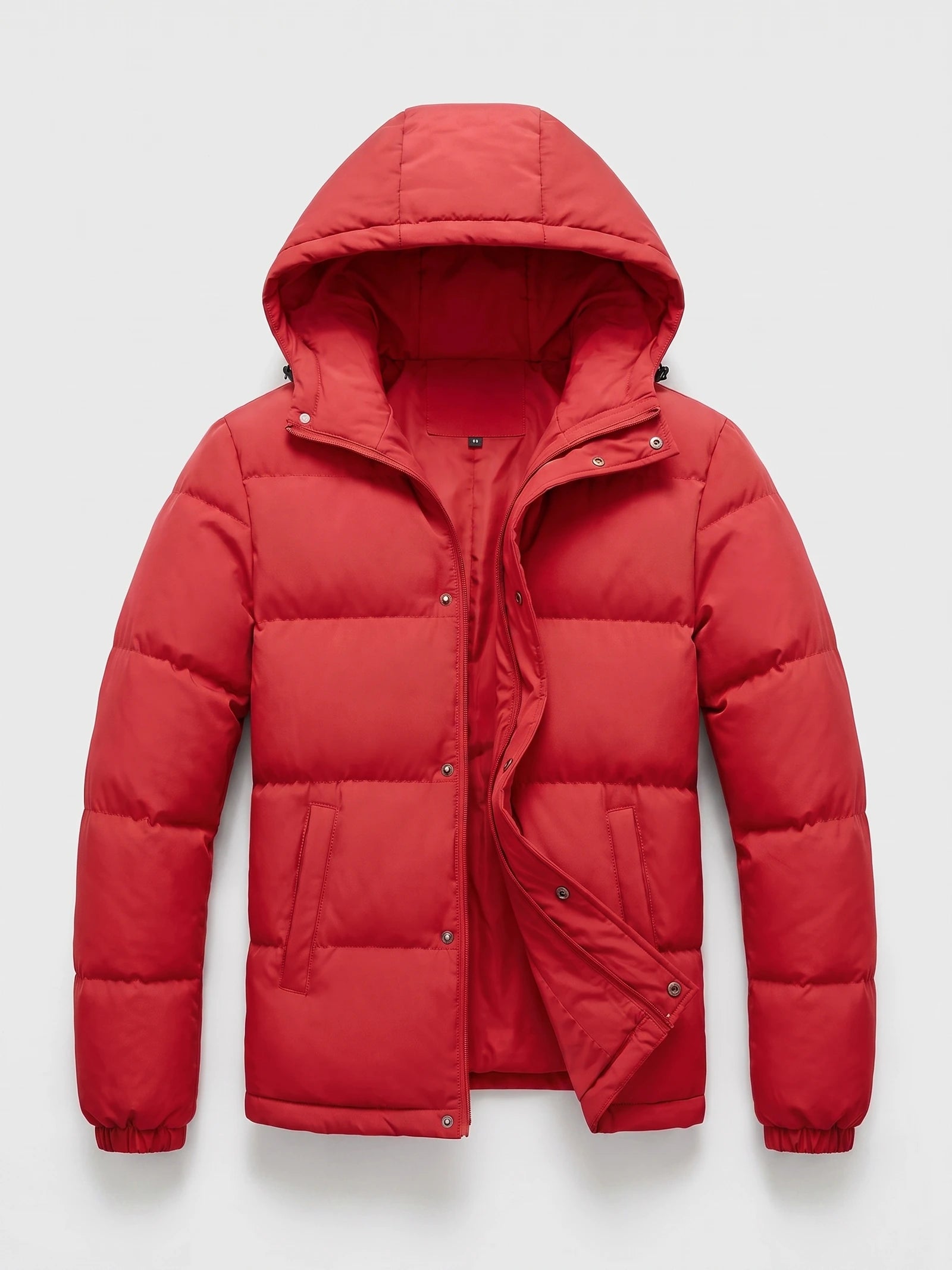 Red Hooded Puffer Jacket laid flat with an open zip-and-snap front, quilted panels, and front pockets.