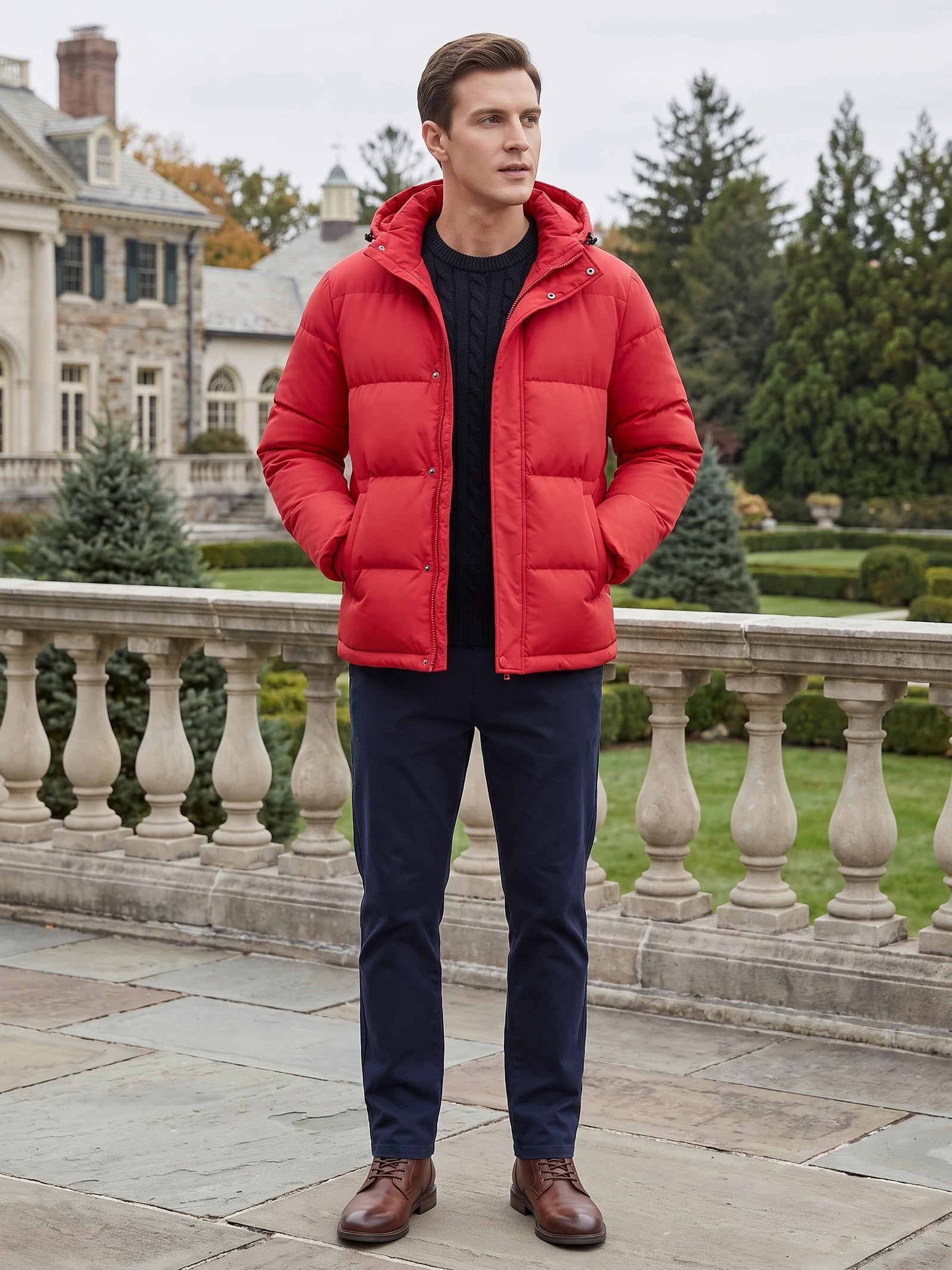 Man wearing a Red Hooded Puffer Jacket with his hands in the pockets on a terrace overlooking a landscaped estate.