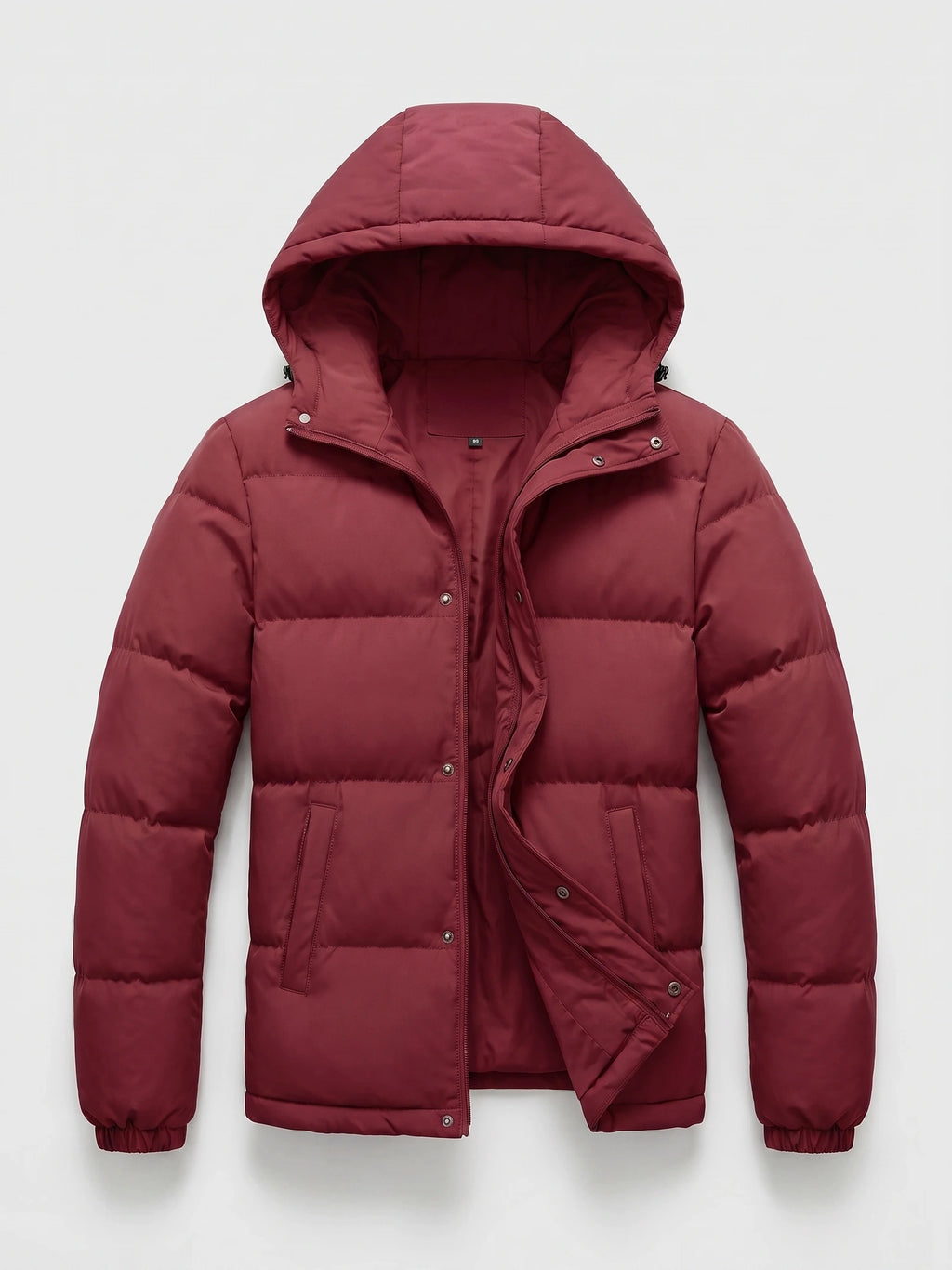 Wine hooded puffer jacket laid flat with an open zip-and-snap front, quilted panels, and angled front pockets.