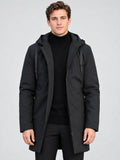 Front studio view of a model wearing a Black Men’s Hooded Trench Coat with an open zip front and adjustable hood drawstrings.