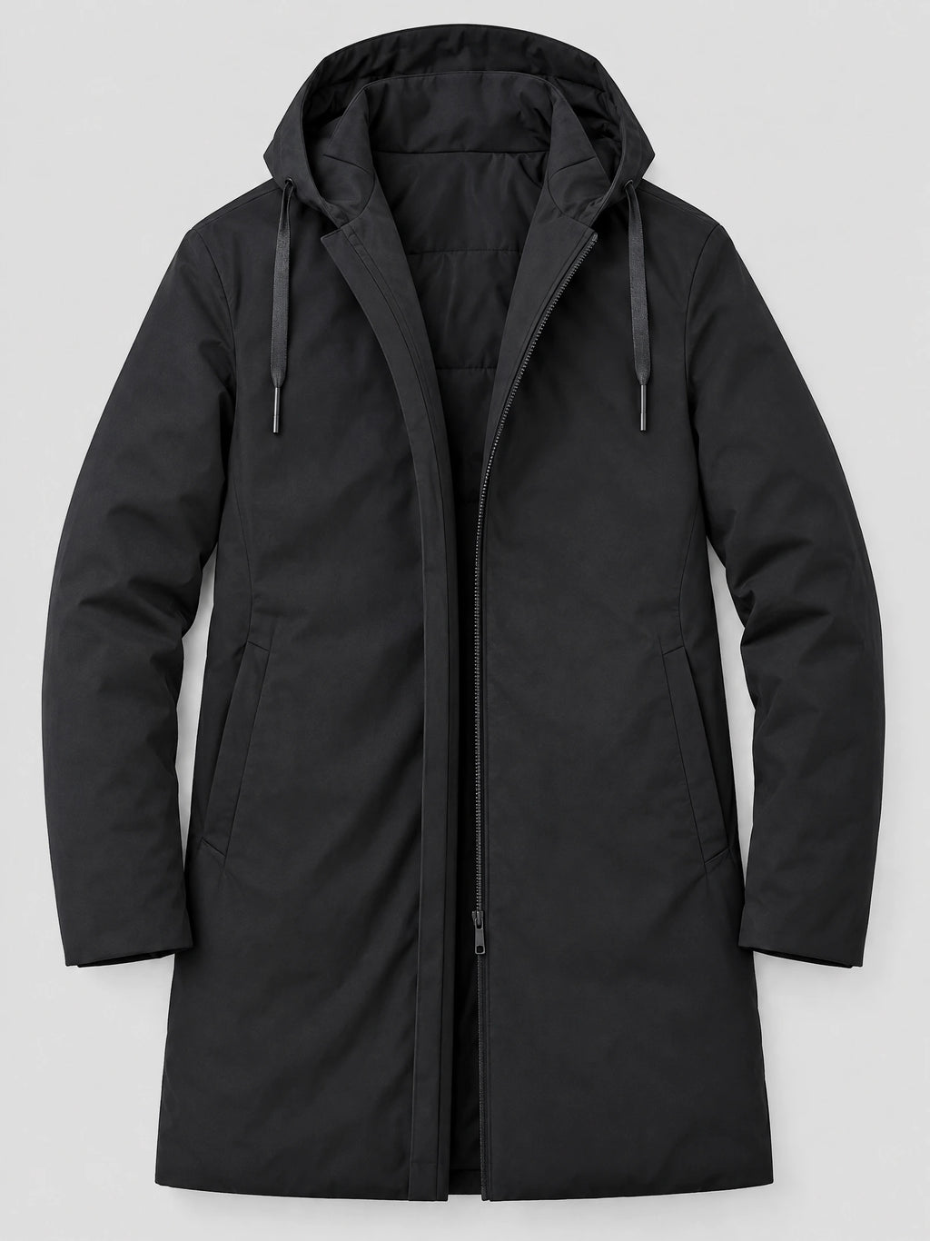 Black men’s hooded trench coat laid flat, featuring a zip front, drawstring hood, and angled side pockets.