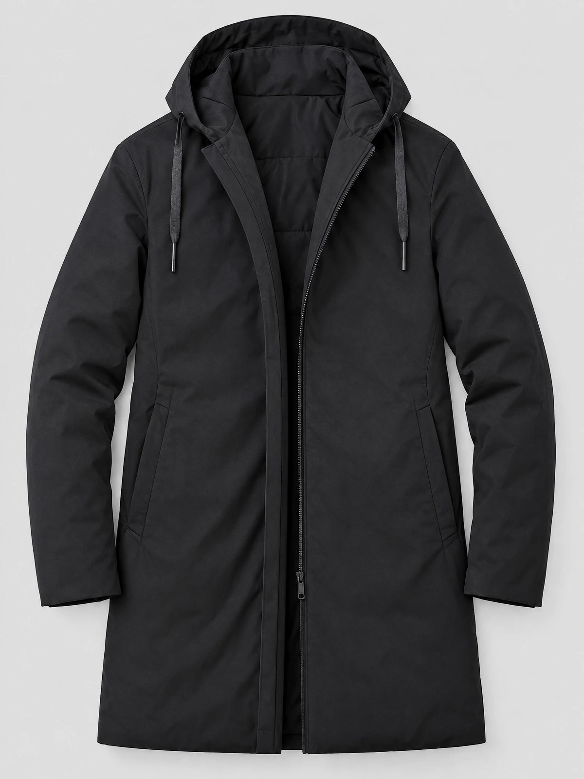 Black men’s hooded trench coat laid flat, featuring a zip front, drawstring hood, and angled side pockets.