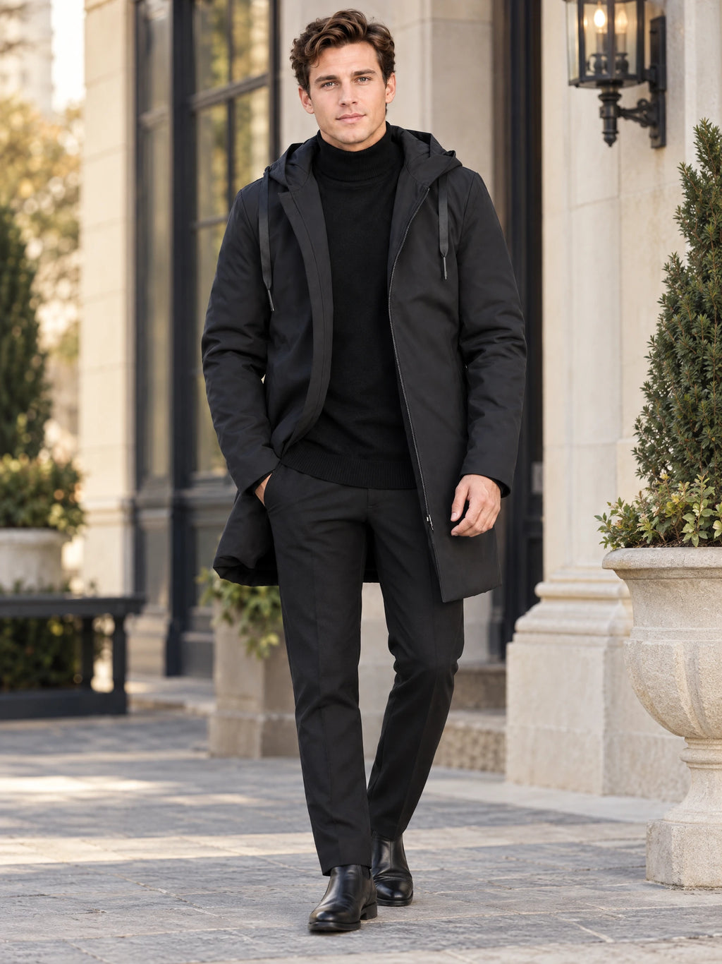 Model walking outside a building in a Black Men’s Hooded Trench Coat with a zip front and drawstring hood.