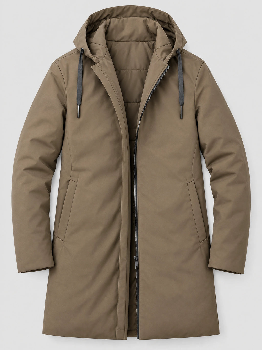 Brown men’s hooded trench coat laid flat, showing the open front zipper, drawstring hood, quilted lining, and angled pockets.