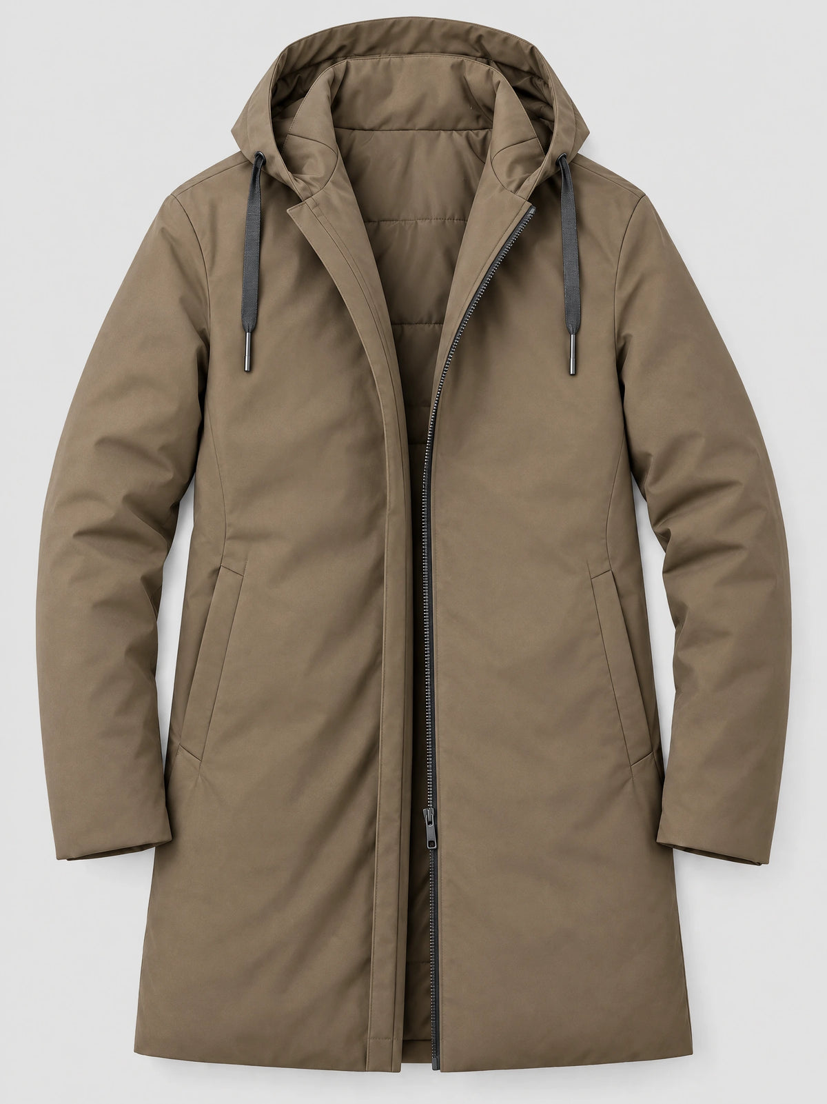 Brown men’s hooded trench coat laid flat, showing the open front zipper, drawstring hood, quilted lining, and angled pockets.