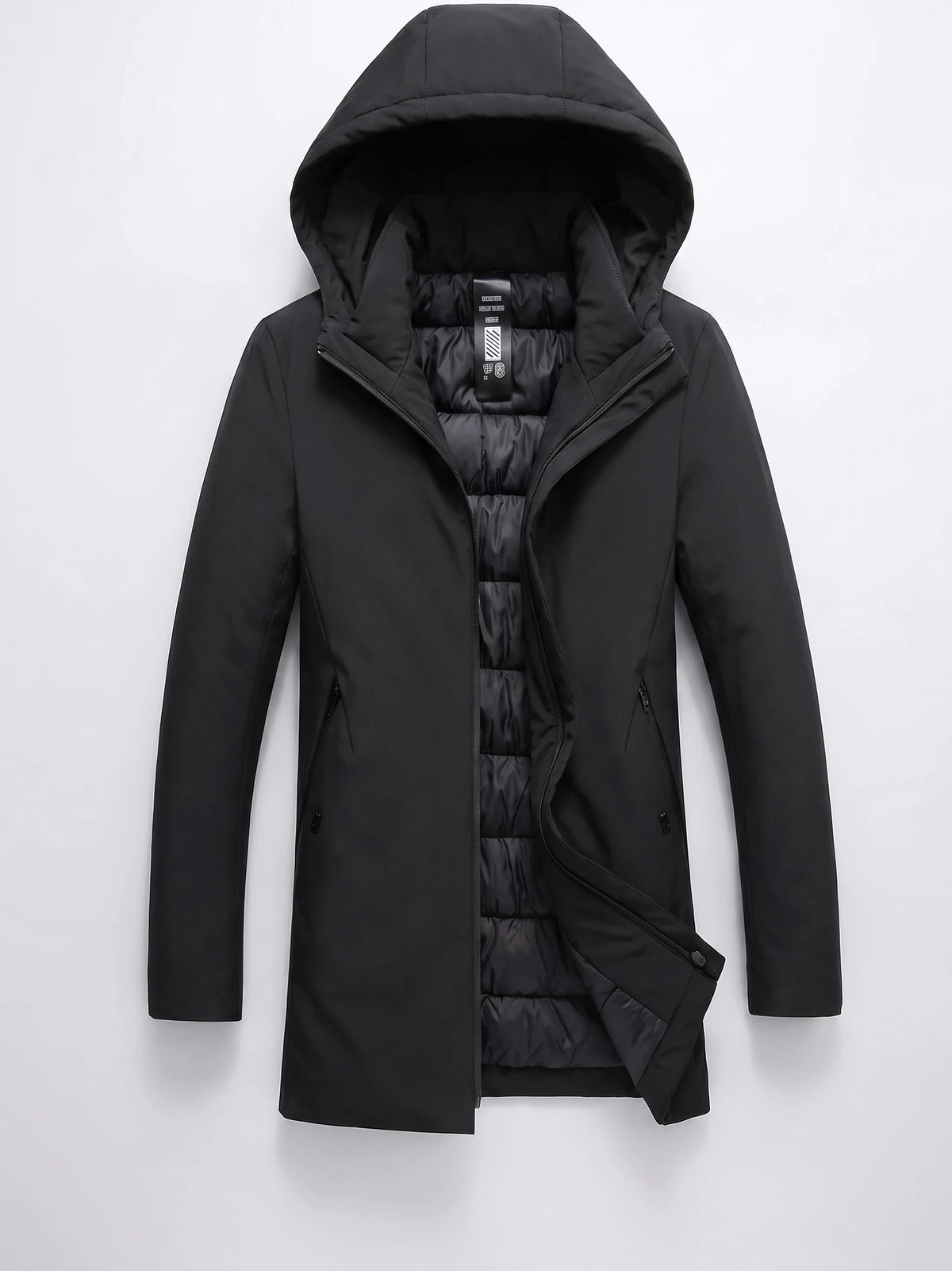 Black hooded trench coat laid flat with the front unzipped to reveal its padded lining.