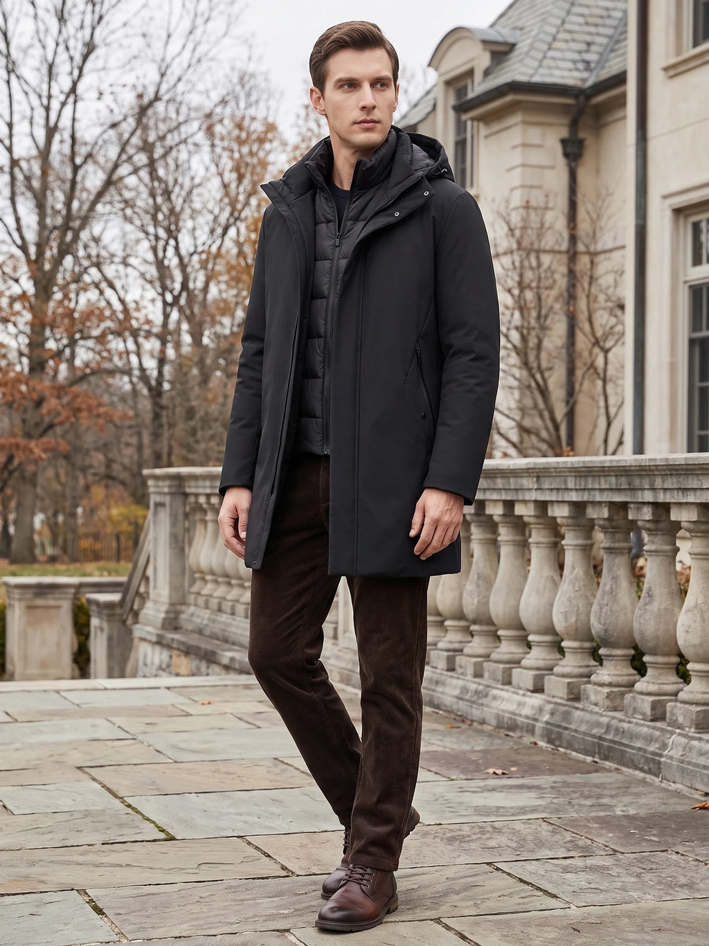 Model walking outside in a Black Hooded Trench Coat with a padded zip-front inner layer.