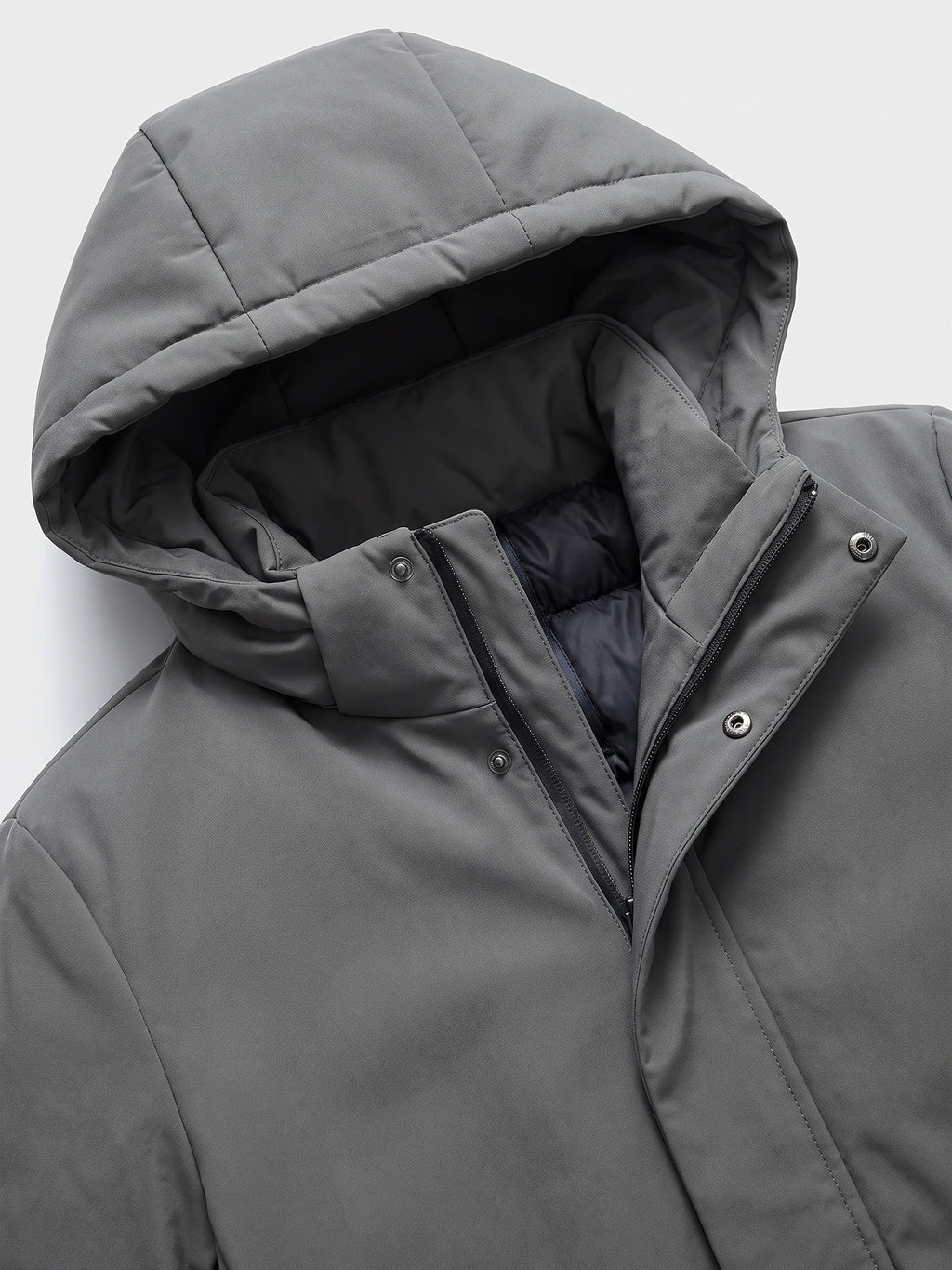 Gray Hooded Trench Coat detail showing the padded hood, zip front, snap-button storm flap, and quilted inner lining.