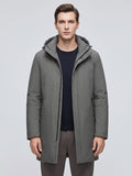 Front studio view of a model wearing a Gray hooded trench coat with a zip front and side pockets.