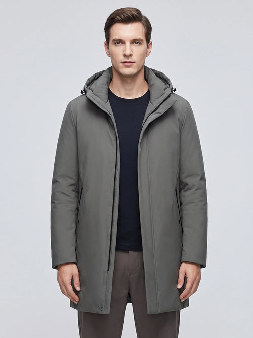 Front studio view of a model wearing a Gray hooded trench coat with a zip front and side pockets.