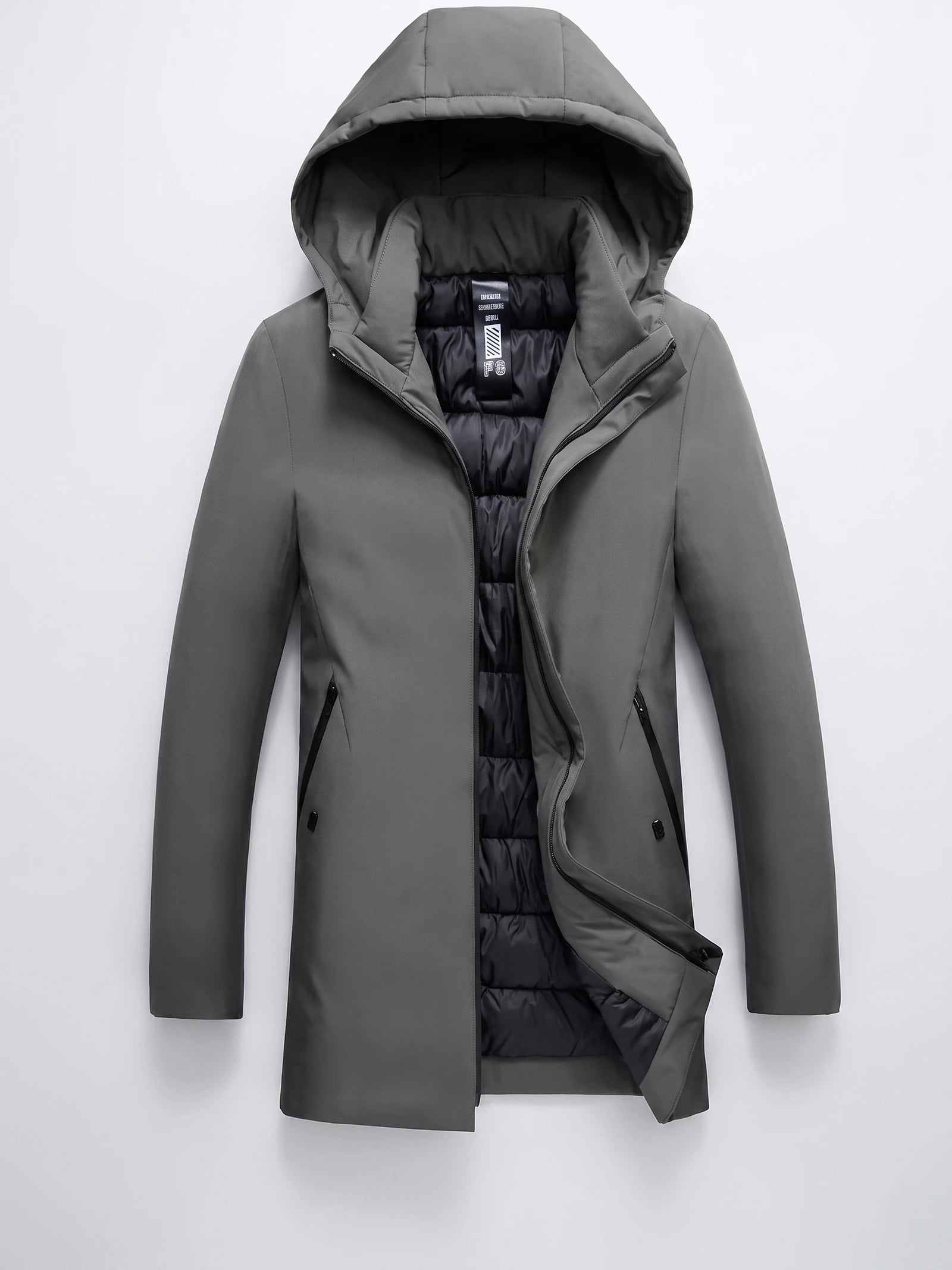 Gray hooded trench coat laid flat with an open front, quilted lining, and zippered side pockets.