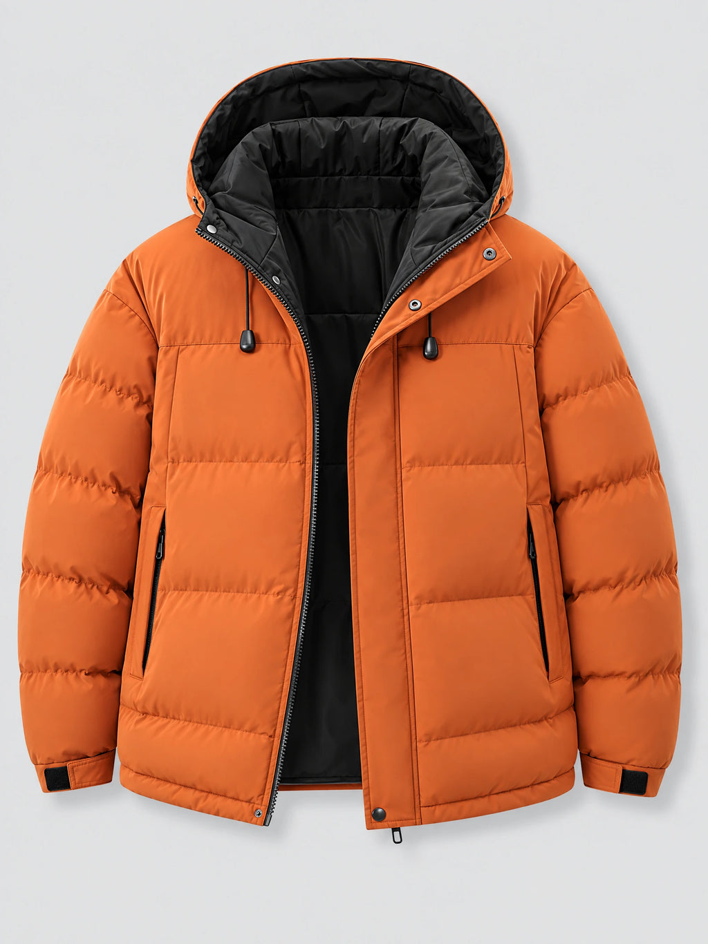 Orange hooded winter jacket laid flat with quilted padding, front zipper, snap placket, zip pockets, and adjustable cuffs.