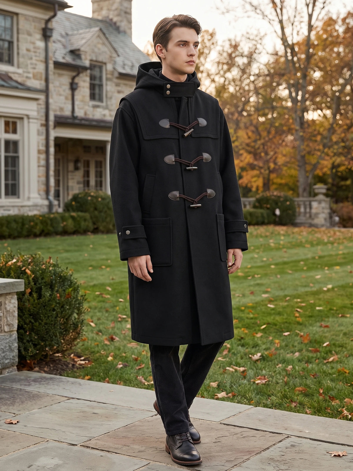 Model walking outdoors in a Black hooded wool trench coat with toggle fastenings and front patch pockets.