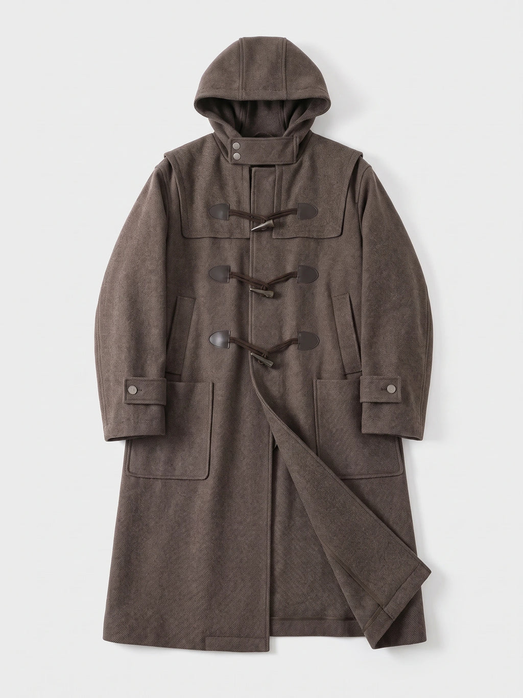 Brown men's wool trench coat laid flat, featuring a hood, toggle fastenings, cuff tabs, patch pockets, and a loose belt.