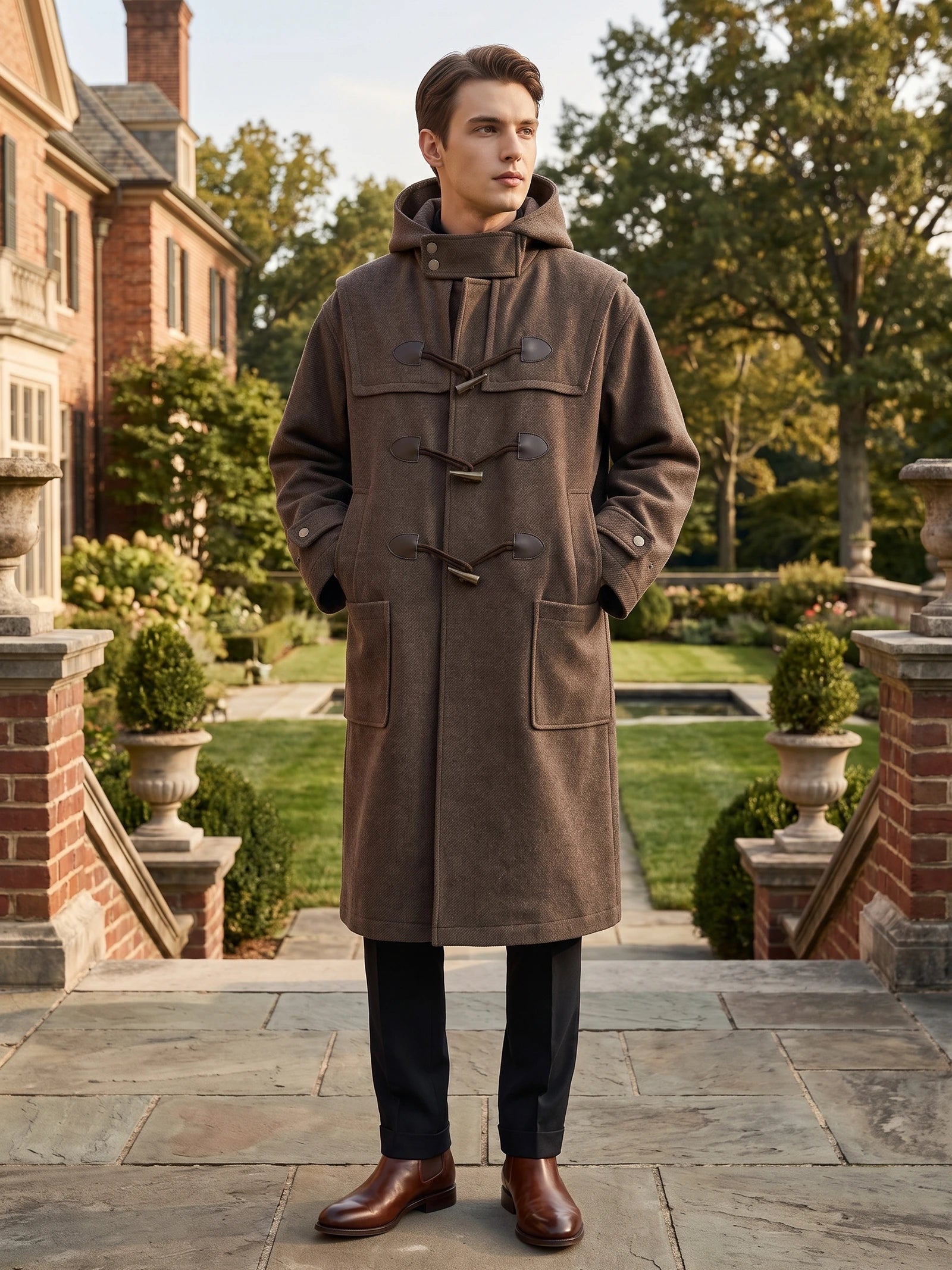 Model wearing a Brown hooded wool trench coat with toggle closures and large patch pockets on a garden walkway.