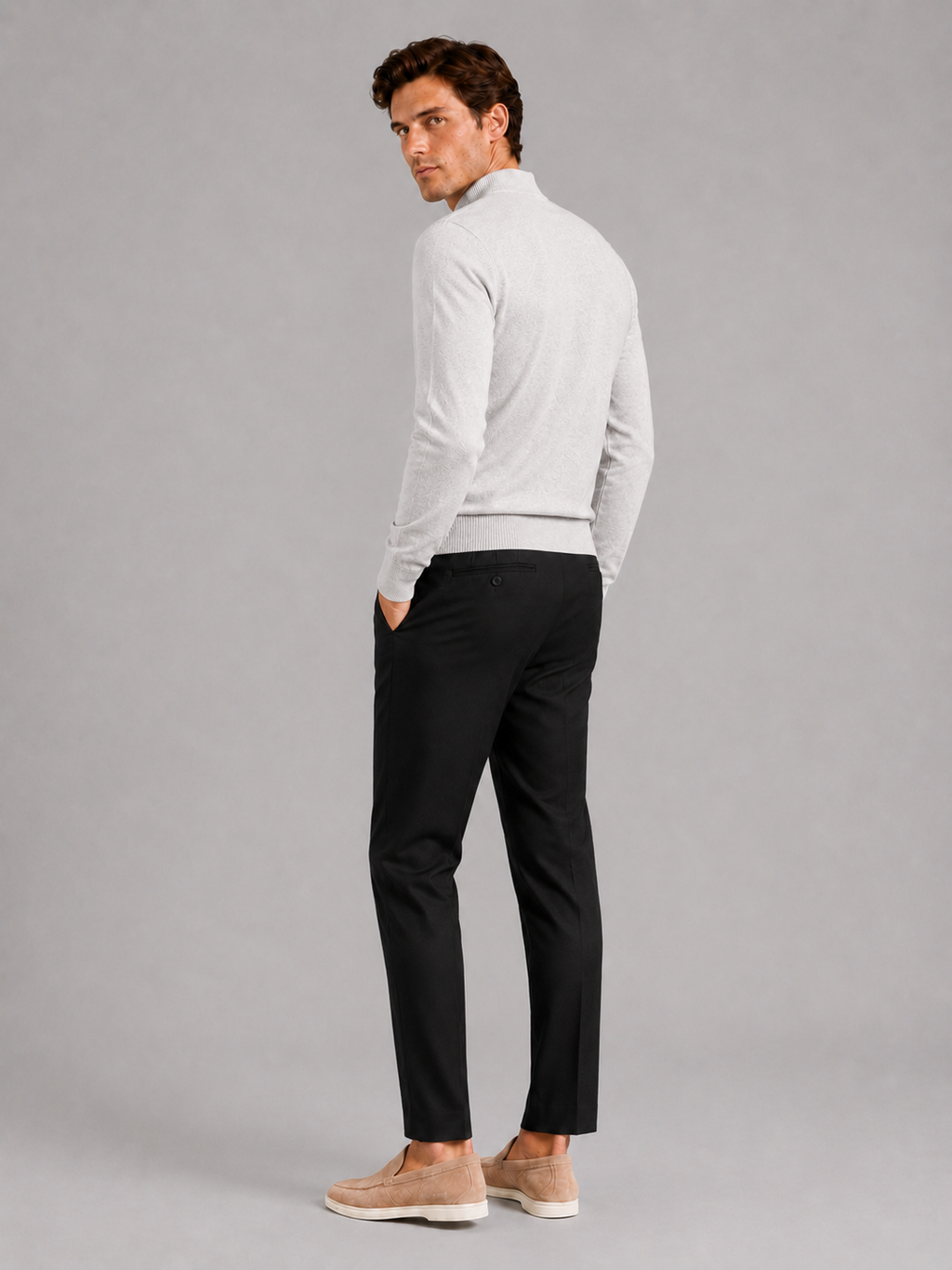 Men’s light gray knit pullover warm slim fit sweater for casual cold weather outfits