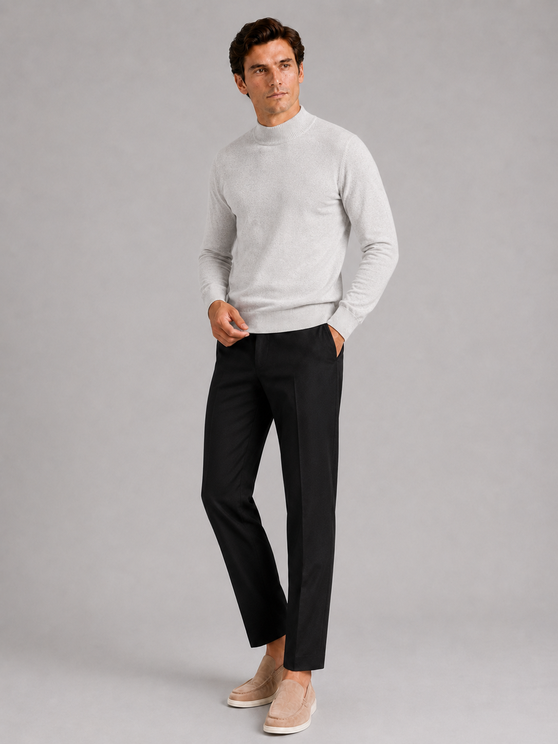 Light gray mock neck sweater for men slim fit warm pullover for everyday winter wear