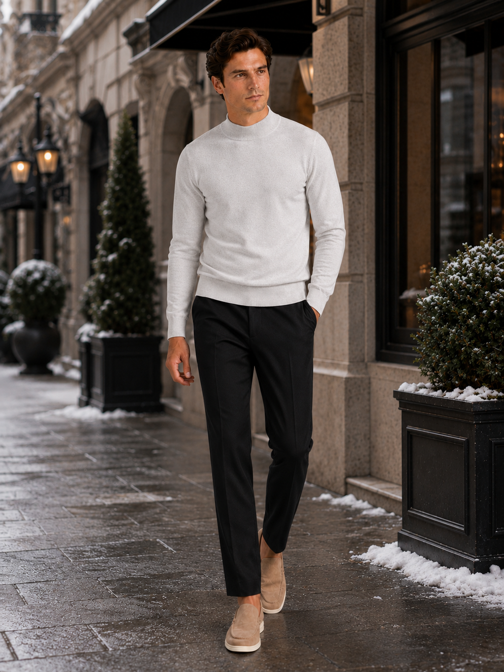 Man styling light gray mock neck sweater in a clean winter lifestyle outfit