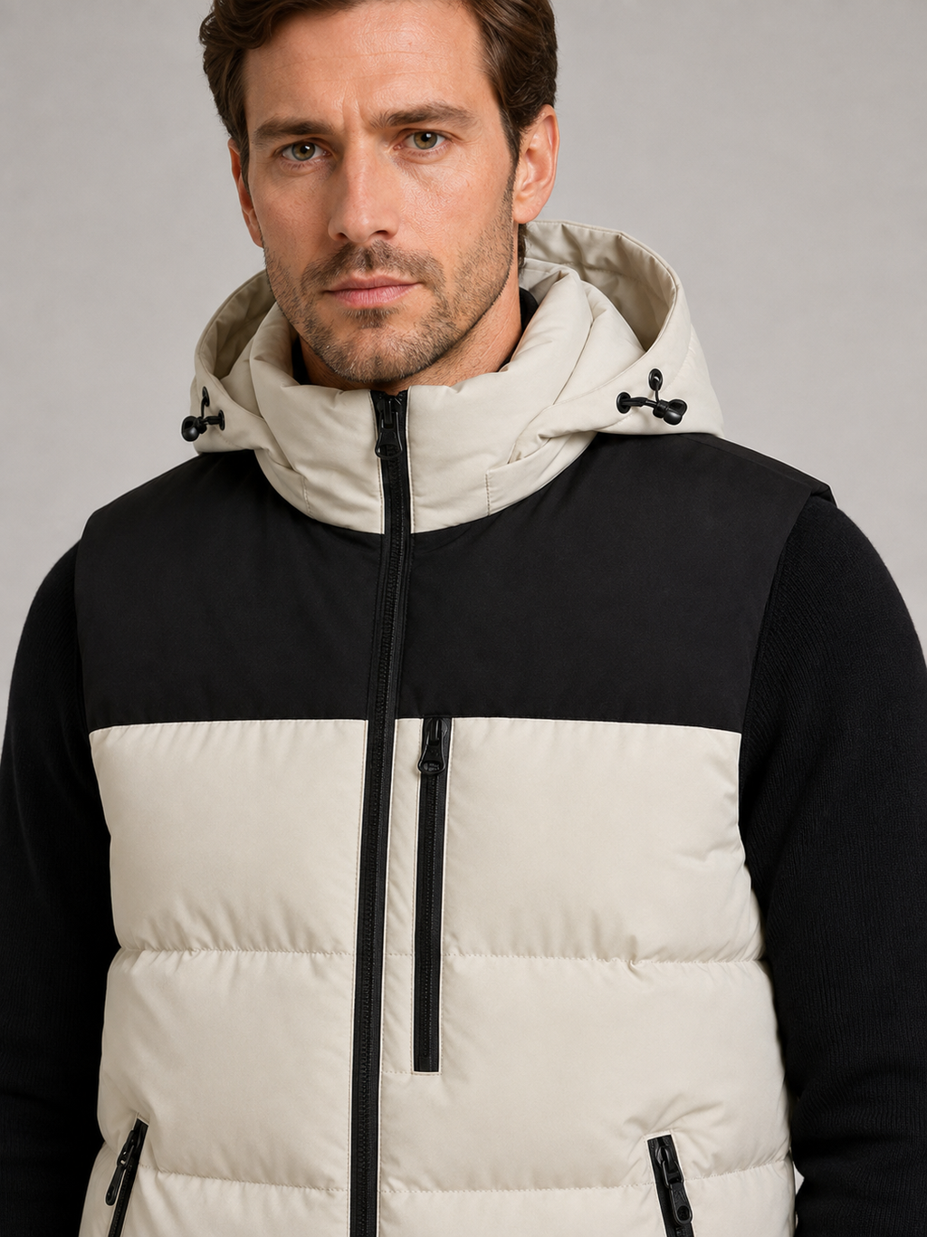 Close-up of a beige hooded puffer vest showing the windproof fabric, thick insulation, zipper closure, hood, pockets, armholes, and stitching details