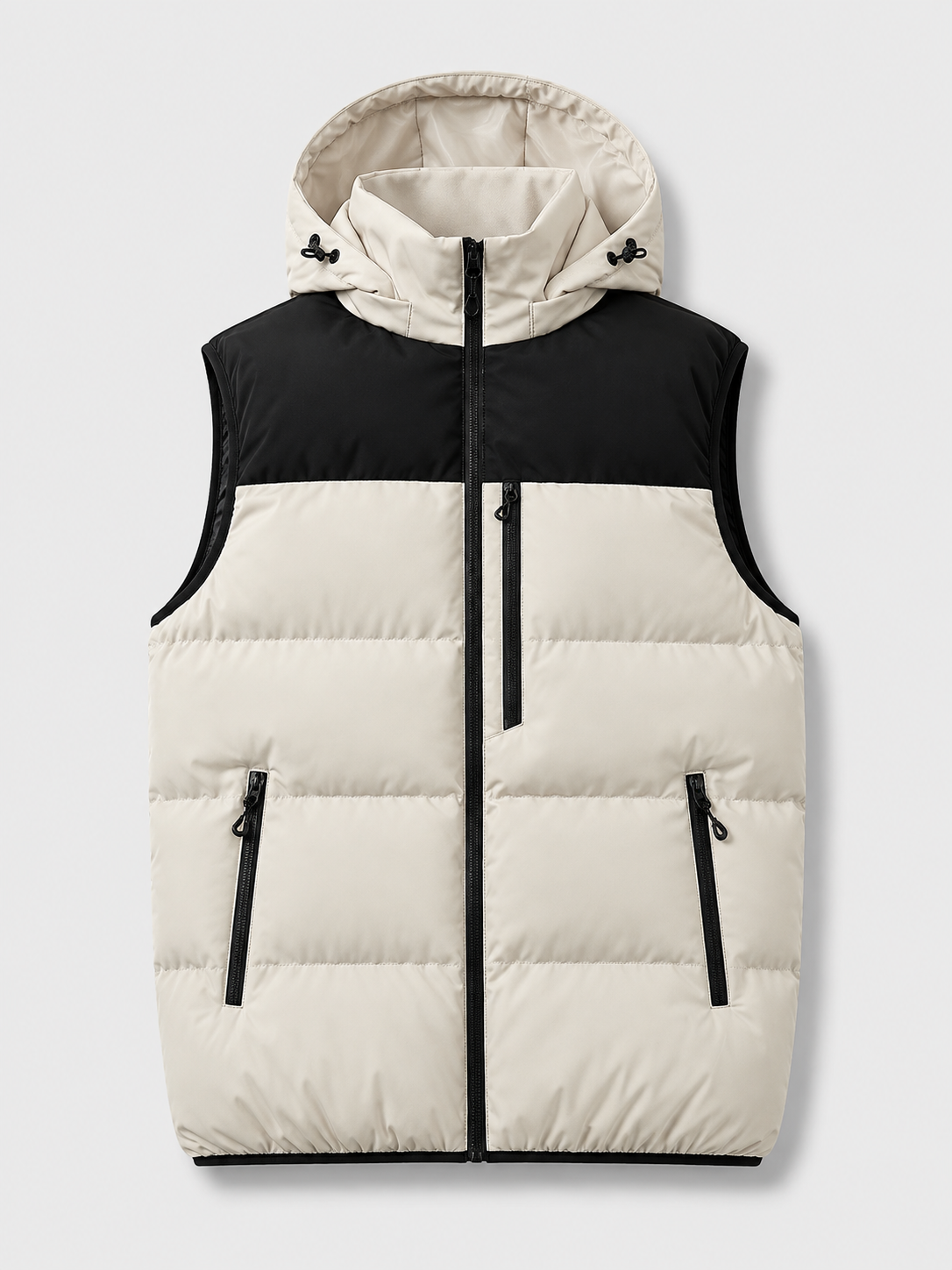 Beige men’s hooded windproof puffer vest with thick padding and zip-up front displayed on a plain background