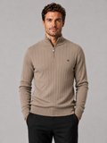 Front view of a man wearing a khaki quarter zip pullover sweater with a stand collar, warm cotton knit, and long sleeves