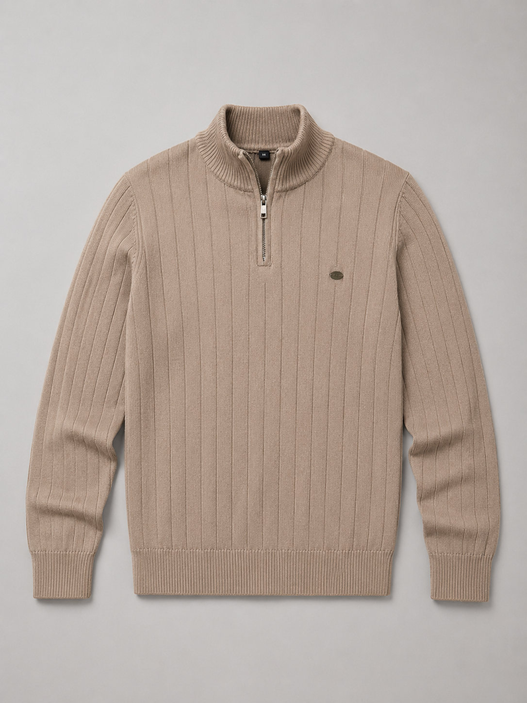 Dark gray men’s quarter zip cotton knit pullover sweater with a stand collar displayed on a plain background