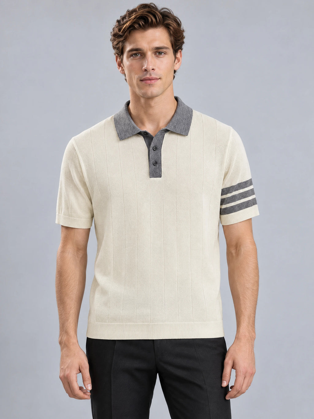 Front studio view of a model wearing a Beige Knit Polo with a button placket, textured vertical knit, and striped short-sleeve cuff.