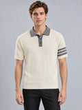 Front studio view of a model wearing a Beige Knit Polo with a button placket, textured vertical knit, and striped short-sleeve cuff.