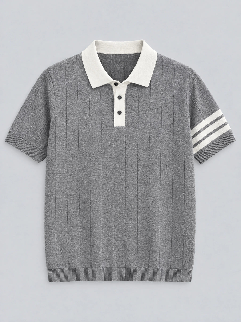 Gray Knit Polo laid flat, featuring a button placket, textured vertical knit pattern, and striped short-sleeve cuffs.