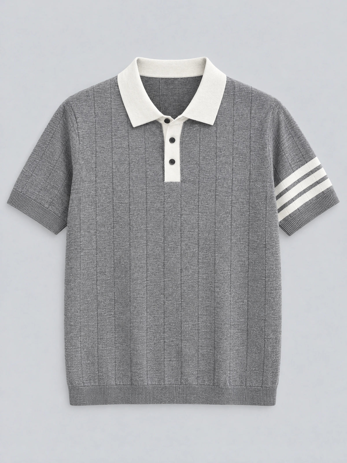 Gray Knit Polo laid flat, featuring a button placket, textured vertical knit pattern, and striped short-sleeve cuffs.