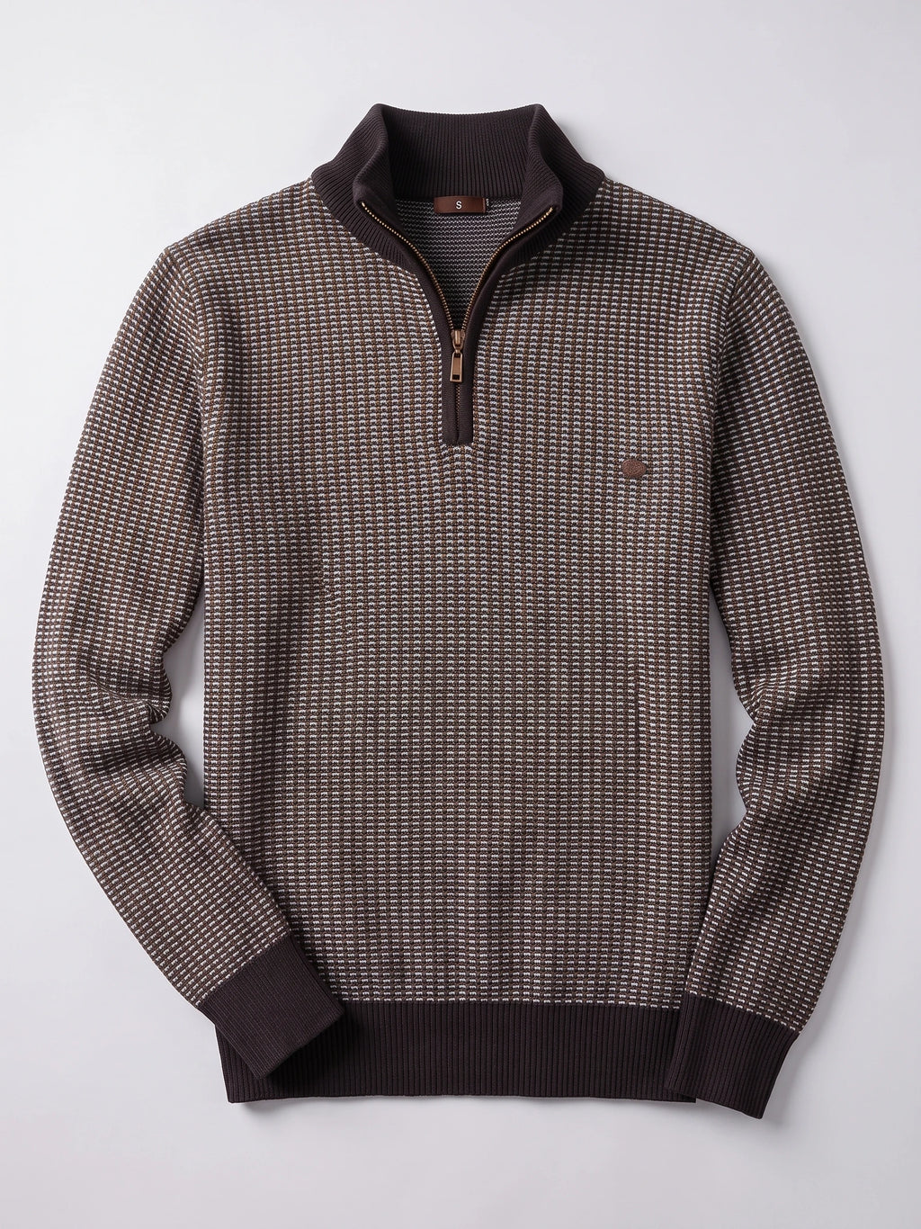 Brown knit quarter zip sweater laid flat, featuring a ribbed mock neck, textured striped knit, and ribbed cuffs and hem.