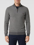 Front studio view of a model wearing a Gray knit quarter zip sweater with a textured striped pattern and ribbed mock neck.