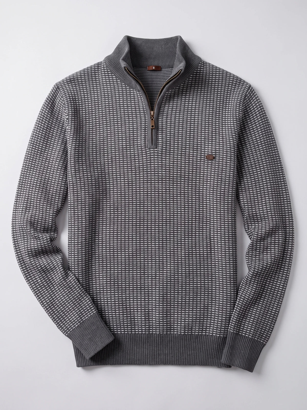 Gray Knit Quarter Zip Sweater laid flat, featuring a textured knit pattern, ribbed mock neck, cuffs, and hem.
