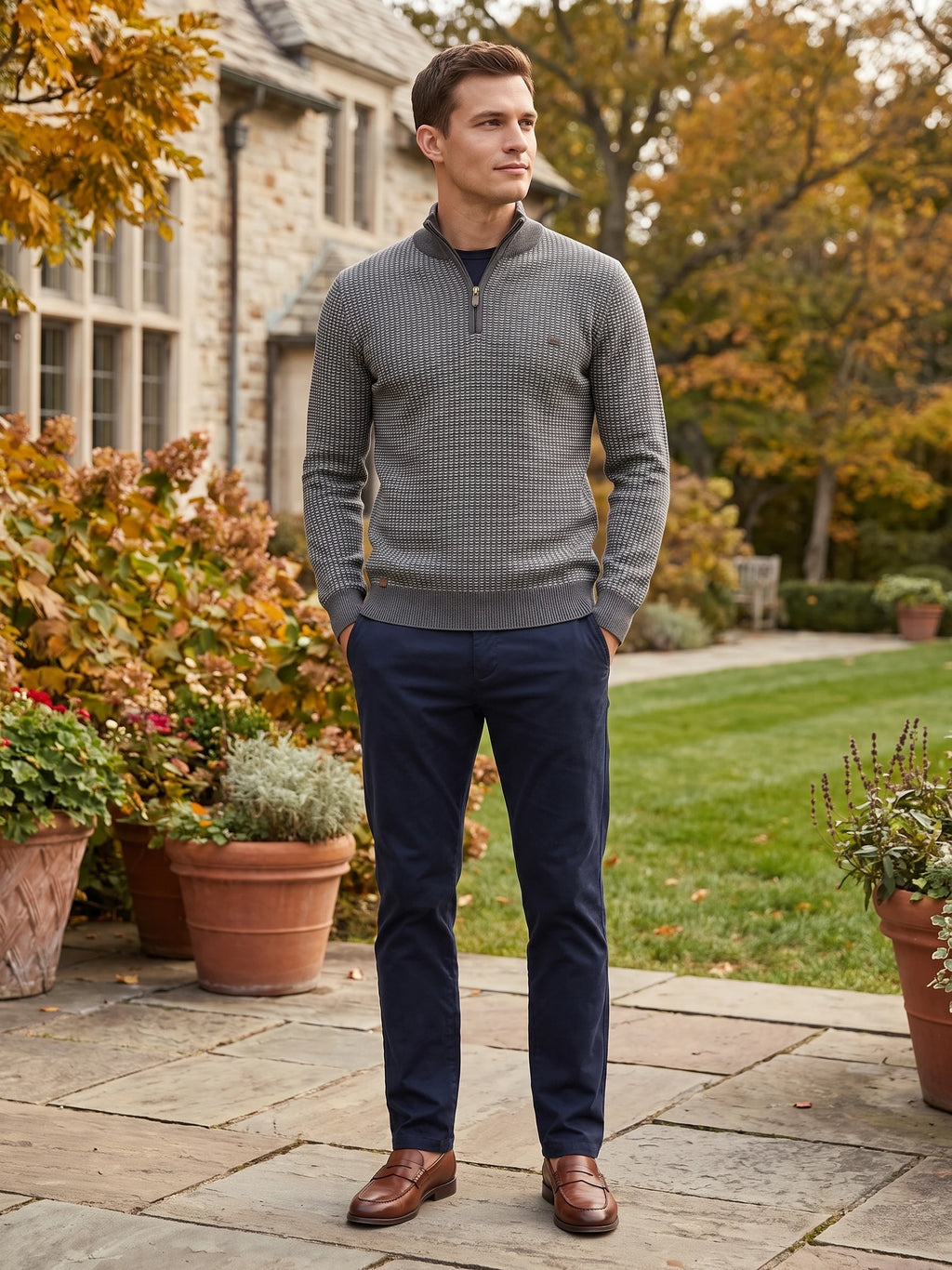 Model wearing a Gray knit quarter zip sweater in a landscaped garden beside a stone house.