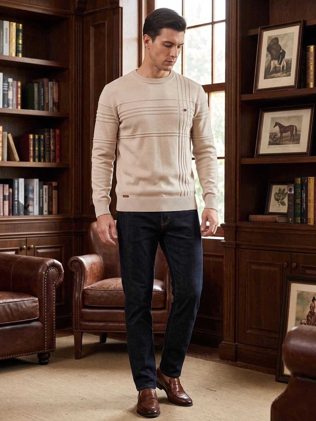 Model wearing a Beige knitted cotton crewneck sweater with textured stripe detailing in a wood-paneled library.