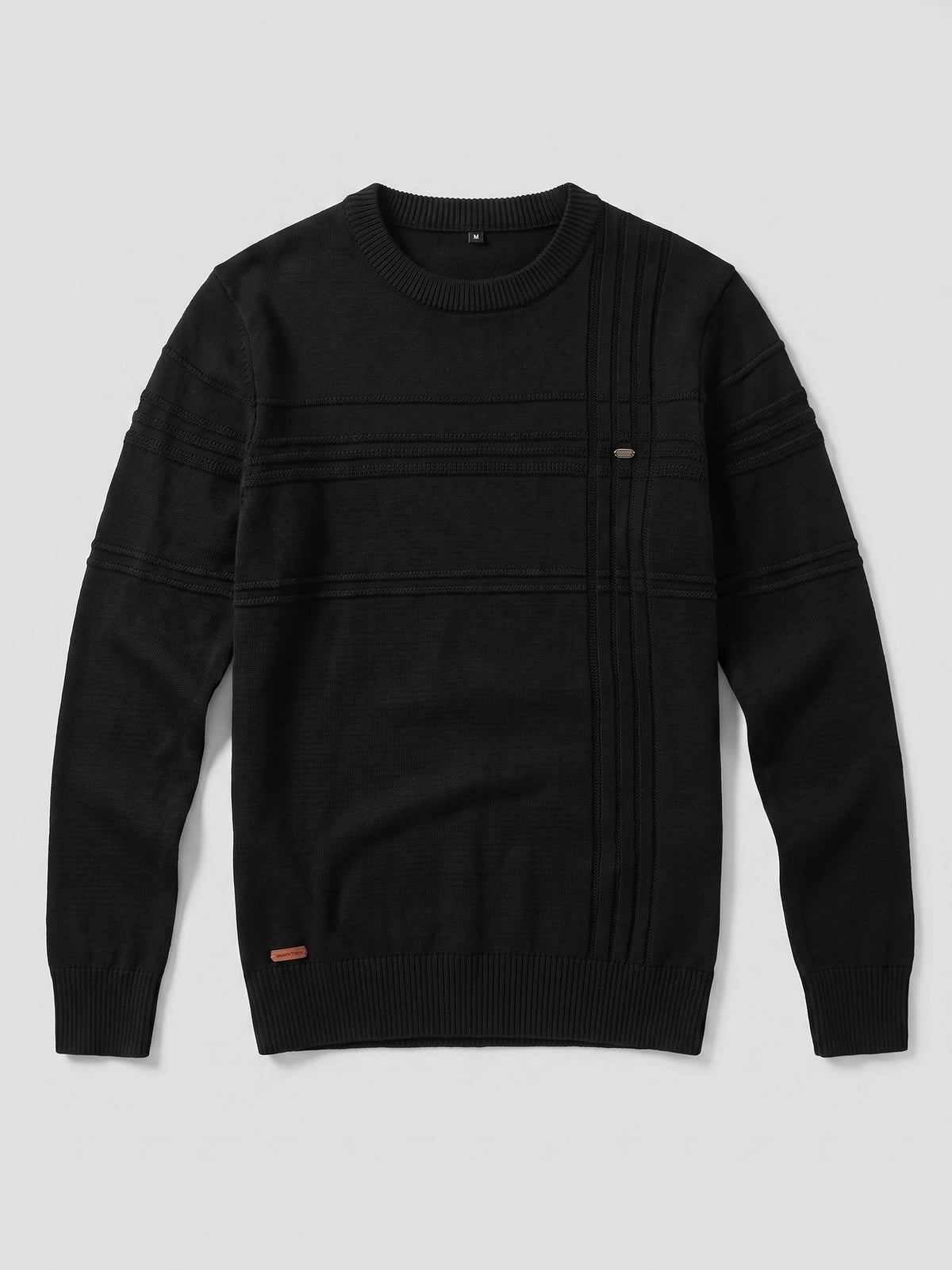Black knitted cotton crewneck sweater laid flat, featuring ribbed trim and raised knit stripe detailing across the chest and sleeves.
