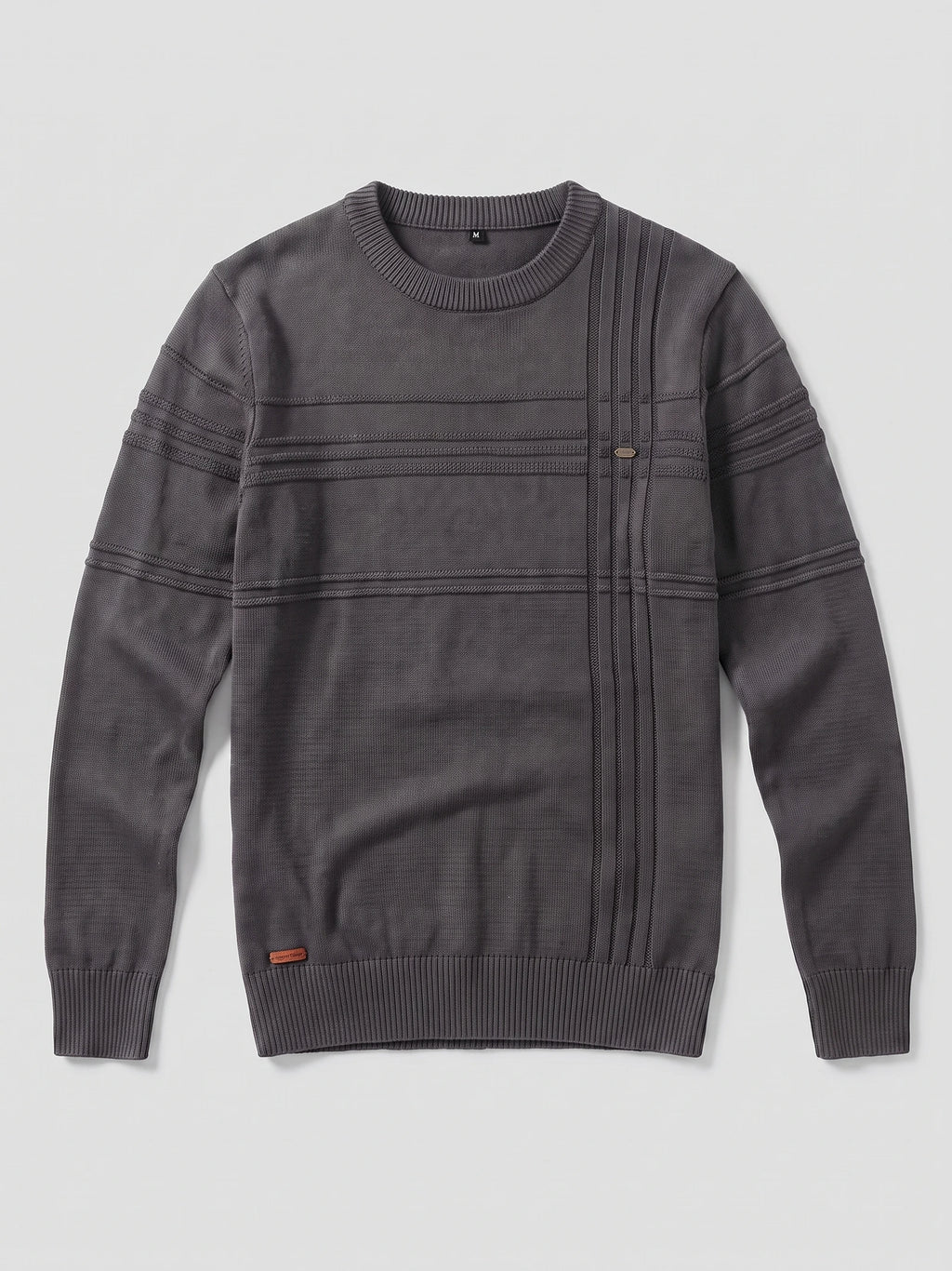 Charcoal knitted cotton crewneck sweater laid flat, featuring ribbed trim and textured stripe detailing across the chest and sleeves.