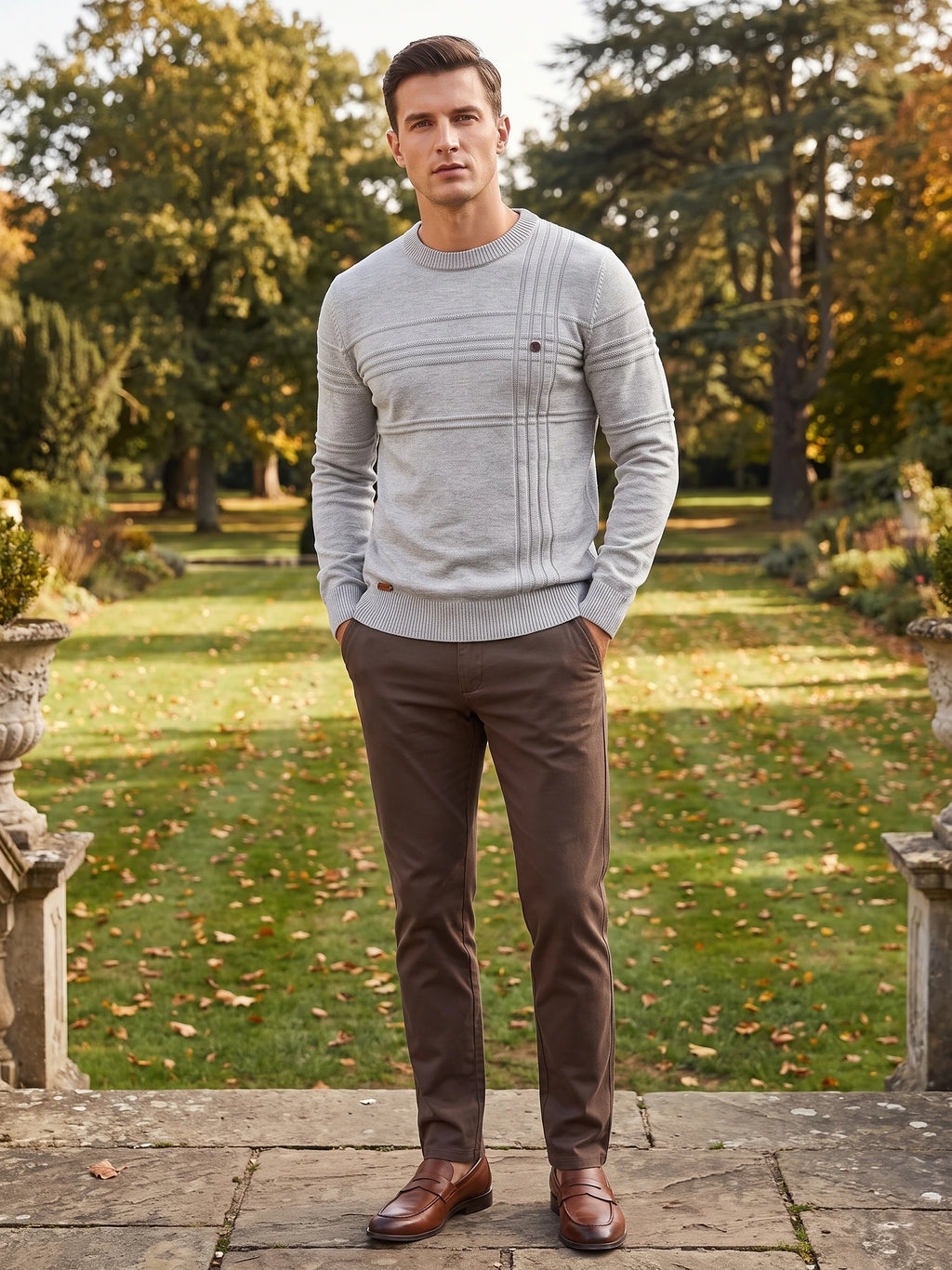 Man wearing a Gray Knitted Cotton Sweater with ribbed crewneck and textured stripe detailing while standing in a landscaped garden.