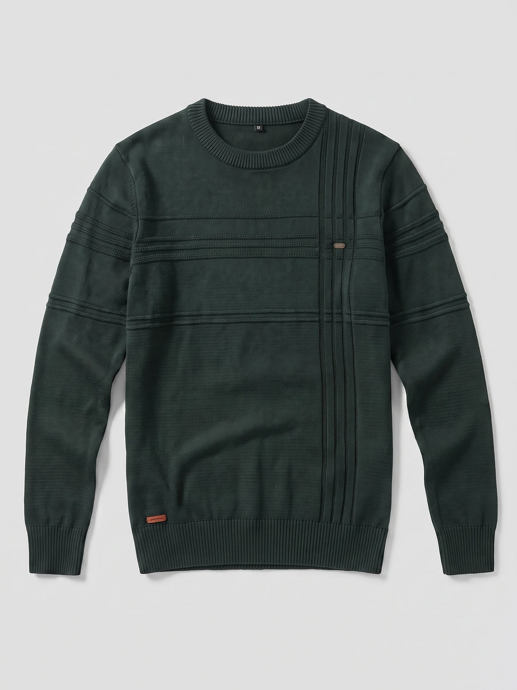 Green knitted cotton crewneck sweater laid flat, featuring textured horizontal and vertical knit detailing with ribbed cuffs and hem.