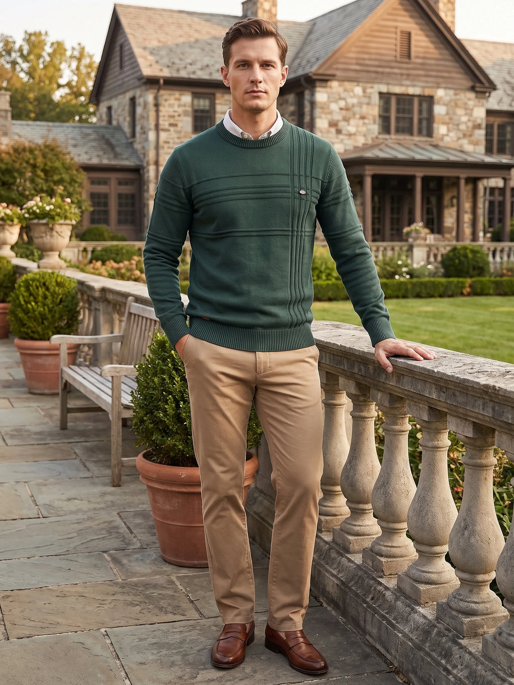 Model wearing a Green knitted cotton crewneck sweater with textured stripe detailing on a stone terrace outside a house.