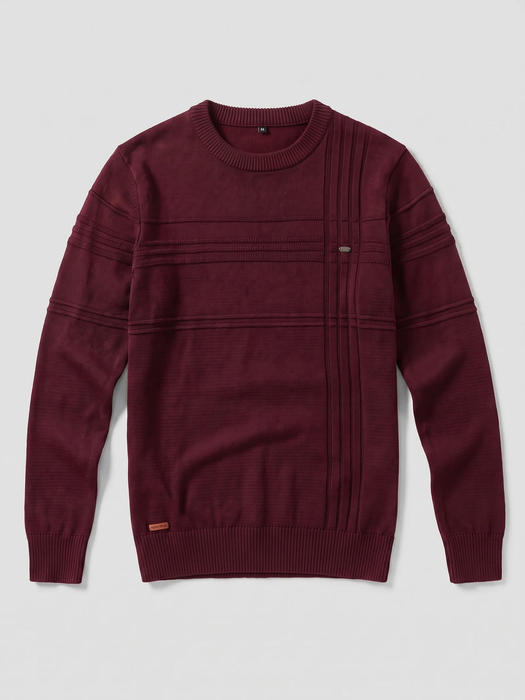 Wine Knitted Cotton Sweater laid flat, featuring a ribbed crewneck, cuffs, hem, and textured vertical and horizontal knit detailing.