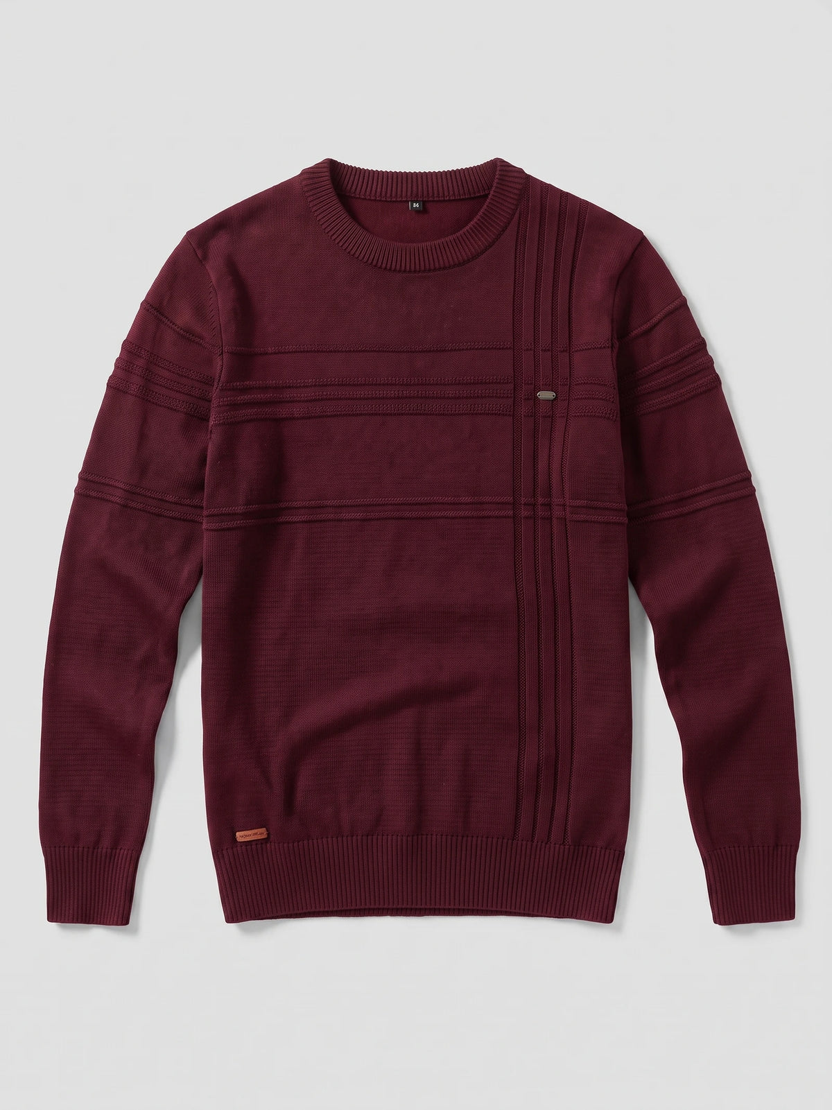 Wine Knitted Cotton Sweater laid flat, featuring a ribbed crewneck, cuffs, hem, and textured vertical and horizontal knit detailing.