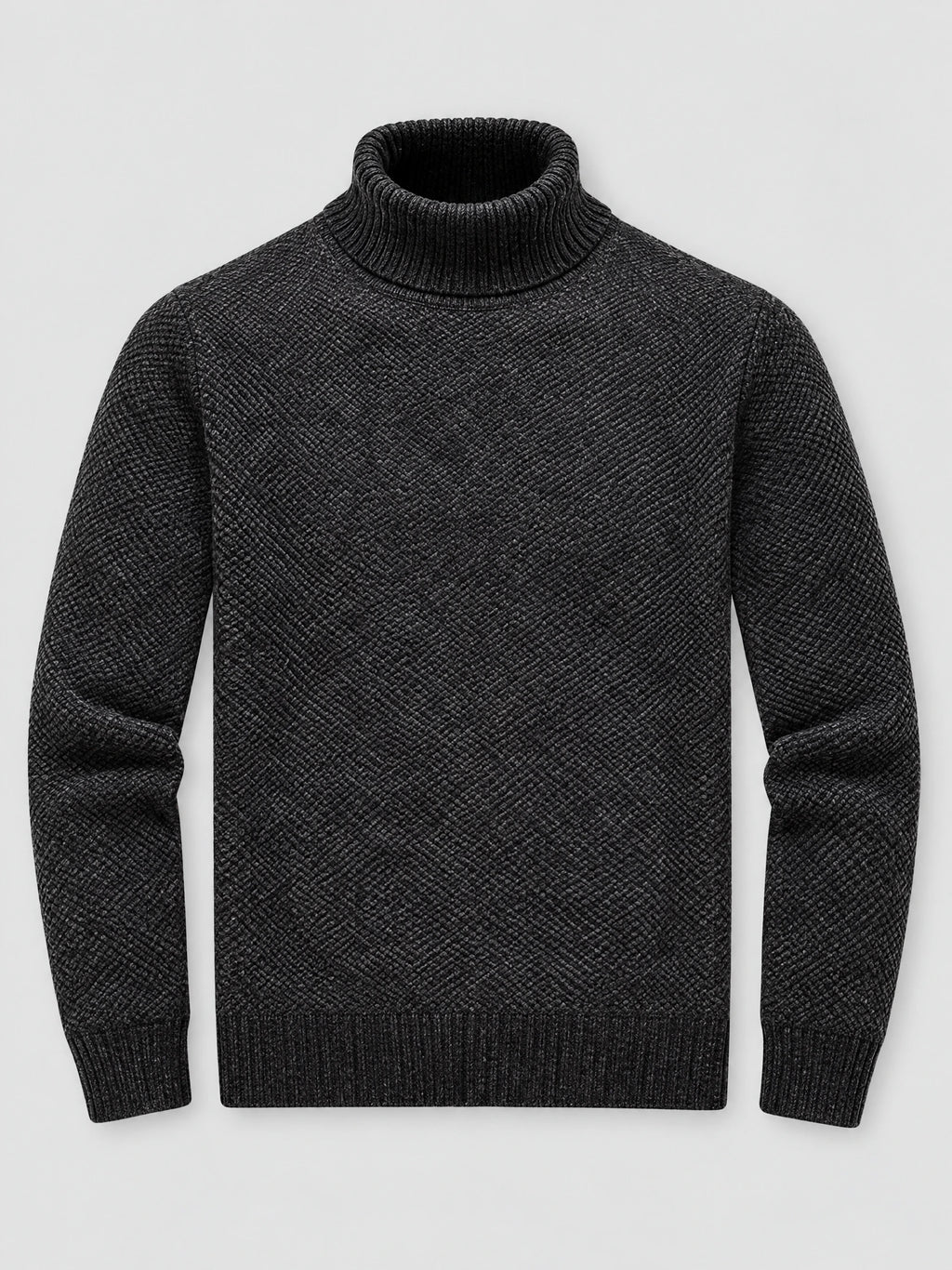 Black knitted turtleneck sweater laid flat, showing a textured knit body, ribbed collar, cuffs, and hem.