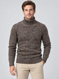 Front studio view of a model wearing a Brown knitted turtleneck sweater with textured wool knit and ribbed trim.